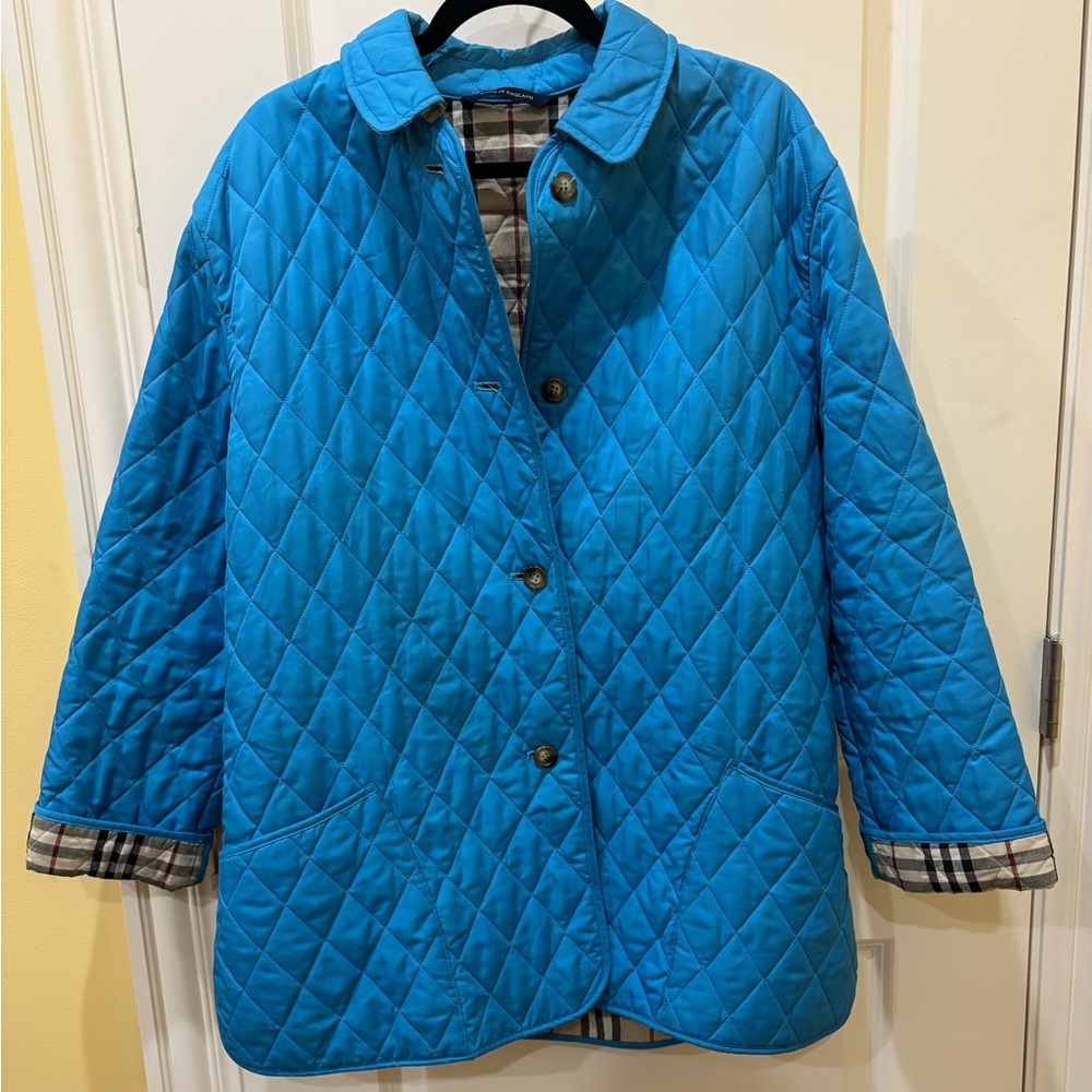 90’s Vintage Burberry Quilted Turquoise / Blue Diamond Nova Check Lined Jacket